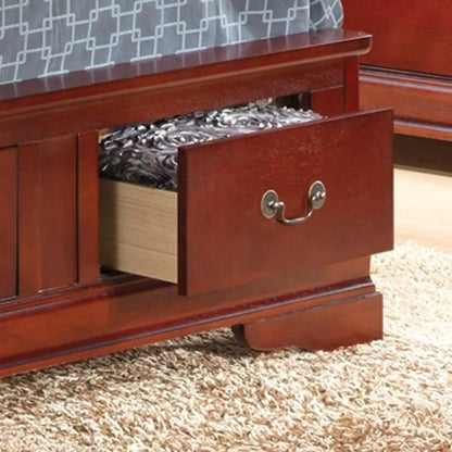 Upholstered panel sleigh bed storage bed in warm cherry with one fabric-lined drawer on Tampa Home & Garden Store