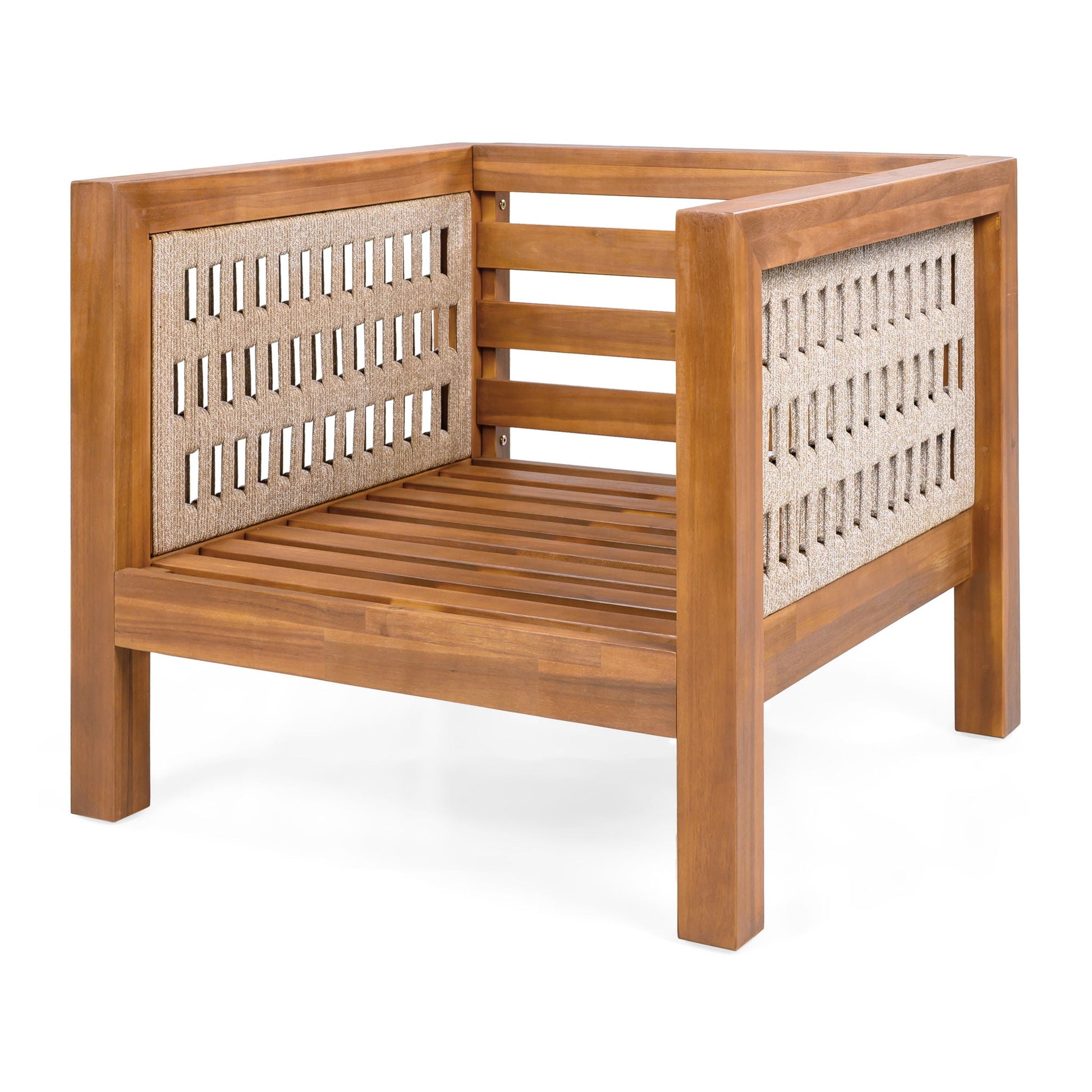 Outdoor club chair with rope-arm lattice panels and slatted wood frame on Tampa Home & Garden Store