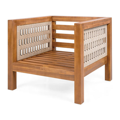 Outdoor club chair with rope-arm lattice panels and slatted wood frame on Tampa Home & Garden Store