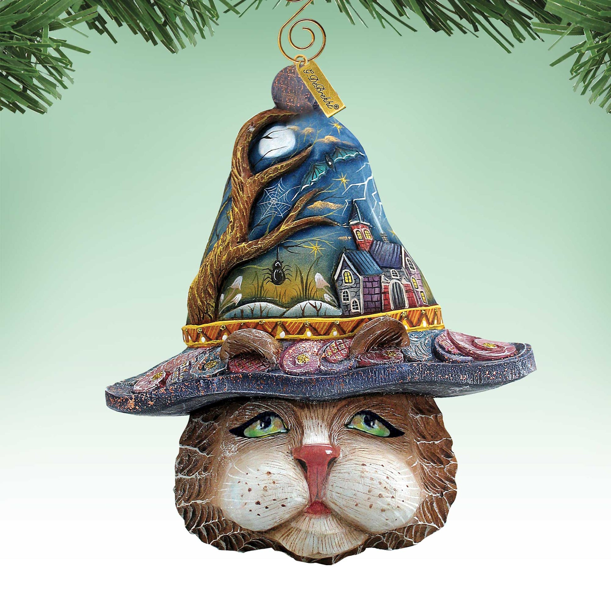 Halloween Cat Sculpted Ornament by G. DeBrekht, blue village-scene cat with hanging tag on Tampa Home & Garden Store