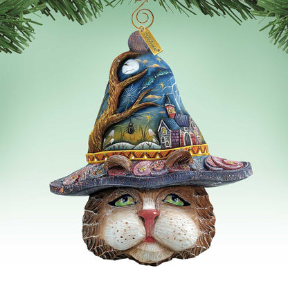Halloween Cat Sculpted Ornament by G. DeBrekht, blue village-scene cat with hanging tag on Tampa Home & Garden Store