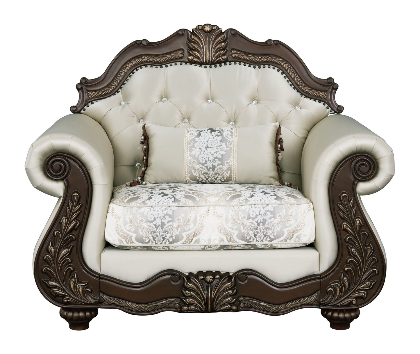 Pierce Chair With Pillow beige upholstered armchair carved cherry wood frame by HouseOfZazla on Tampa Home & Garden Store
