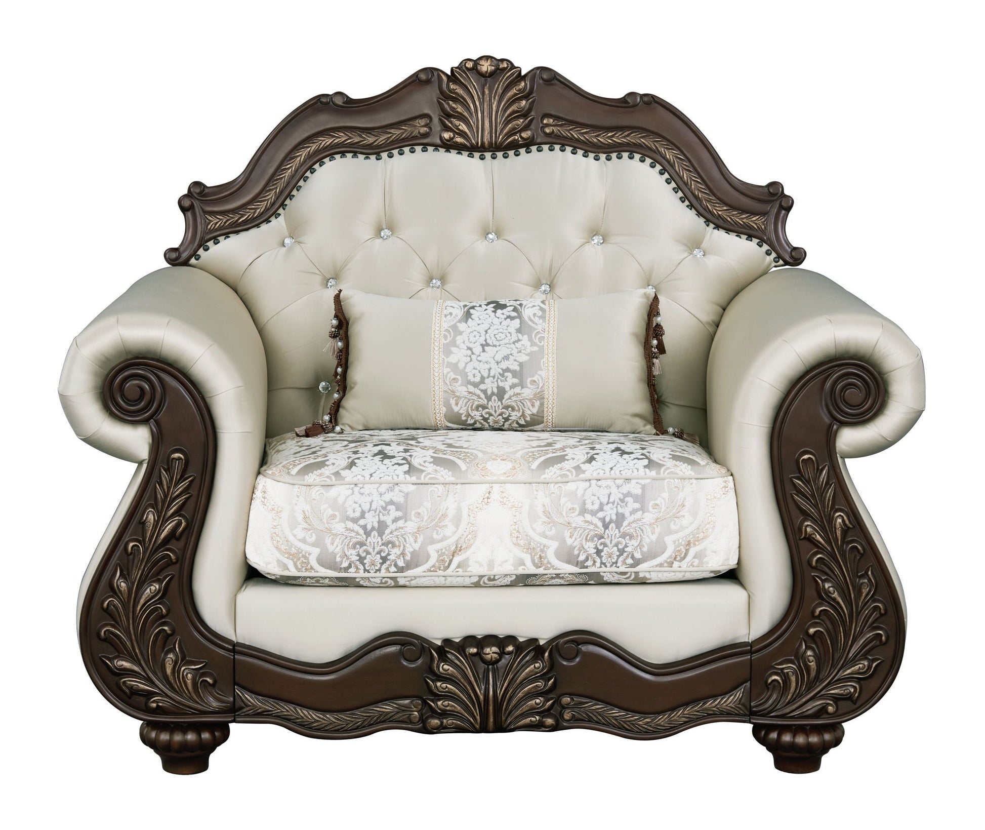 Pierce Chair With Pillow beige upholstered armchair carved cherry wood frame by HouseOfZazla on Tampa Home & Garden Store