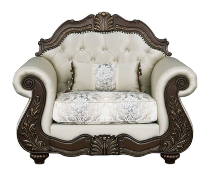 Pierce Chair With Pillow beige upholstered armchair carved cherry wood frame by HouseOfZazla on Tampa Home & Garden Store