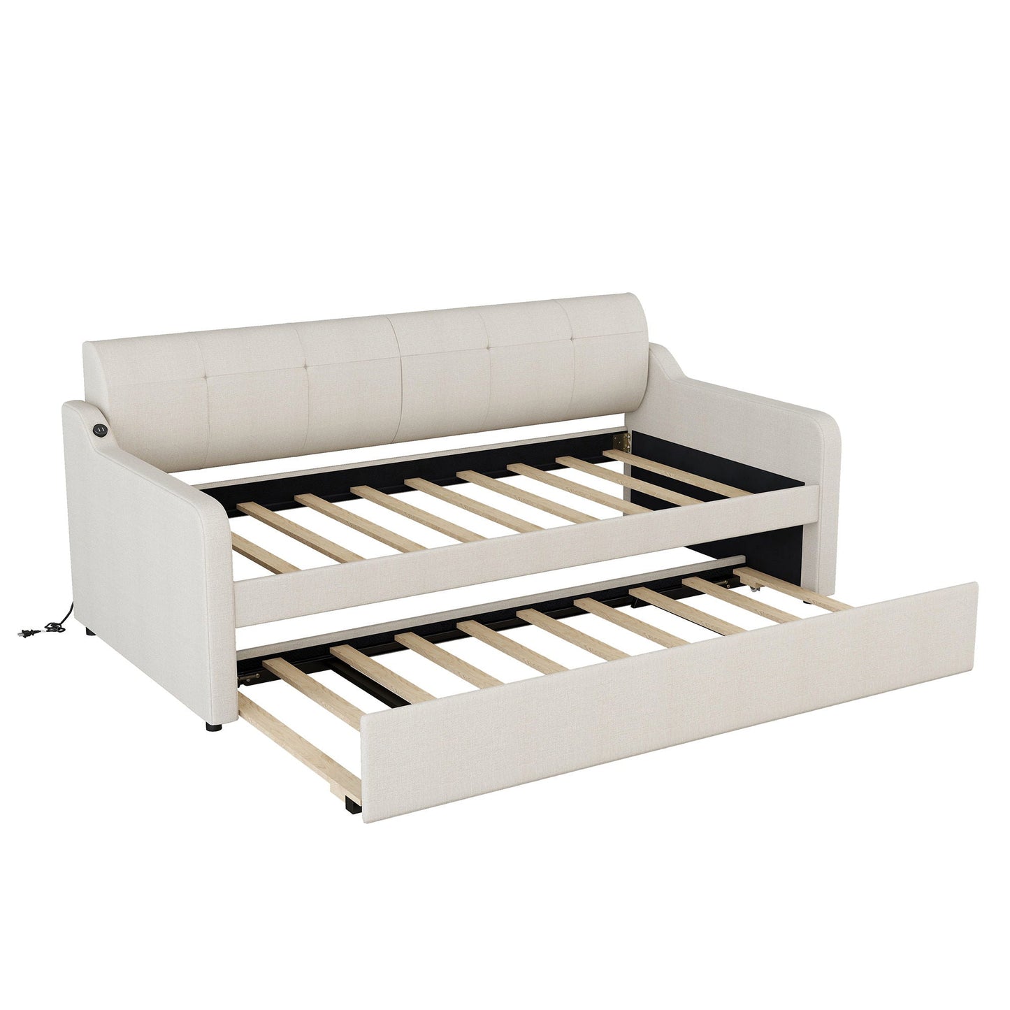 Upholstered daybed with pull-out trundle and USB charging by HouseOfZazla, slatted base on Tampa Home & Garden Store