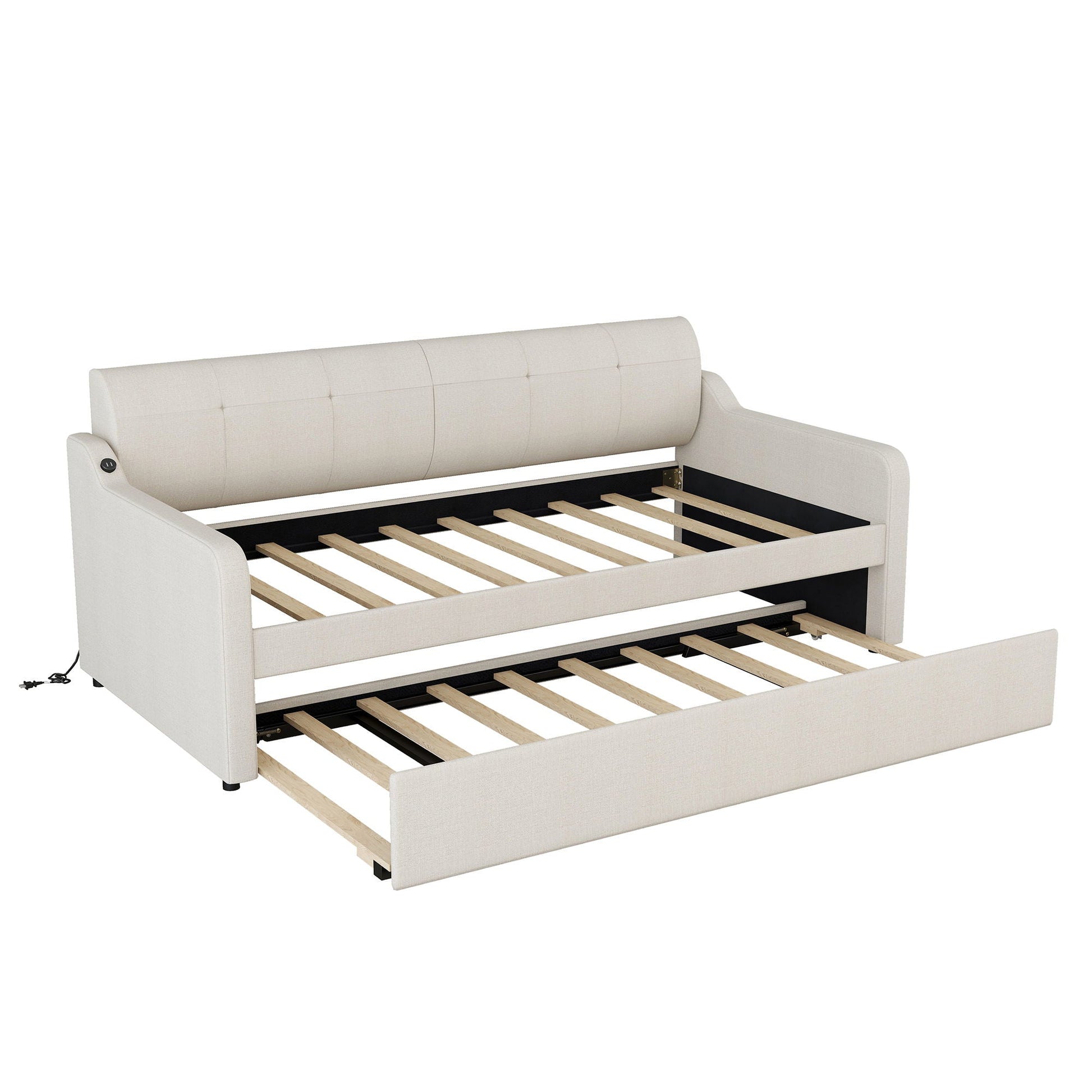 Upholstered daybed with pull-out trundle and USB charging by HouseOfZazla, slatted base on Tampa Home & Garden Store