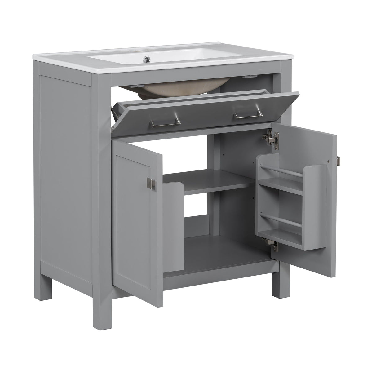 Modern gray bathroom vanity with white ceramic sink and soft-close drawers on Tampa Home & Garden Store