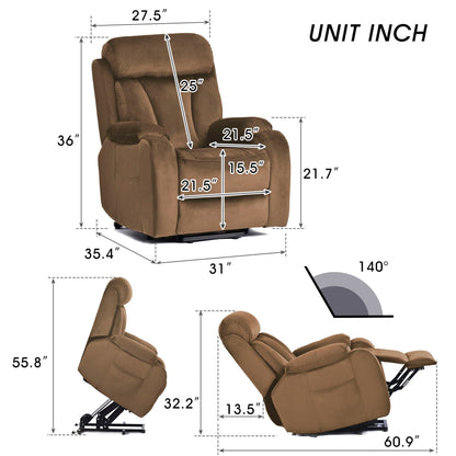 Power lift chair recliner in brown cashmere fabric with remote control for living room use on Tampa Home & Garden Store