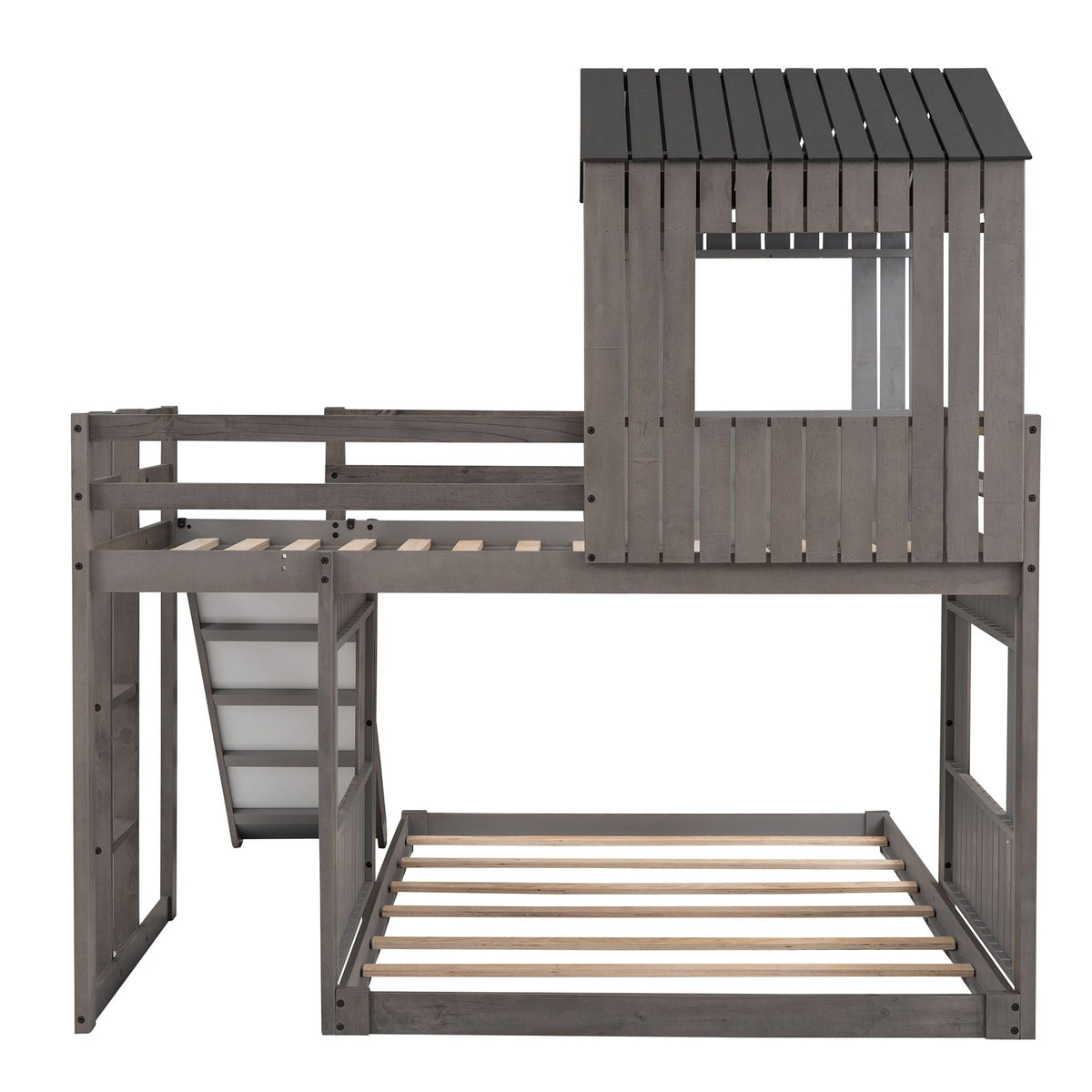 Loft bunk bed with playhouse roof in gray farmhouse wood, ladder and guardrails on Tampa Home & Garden Store