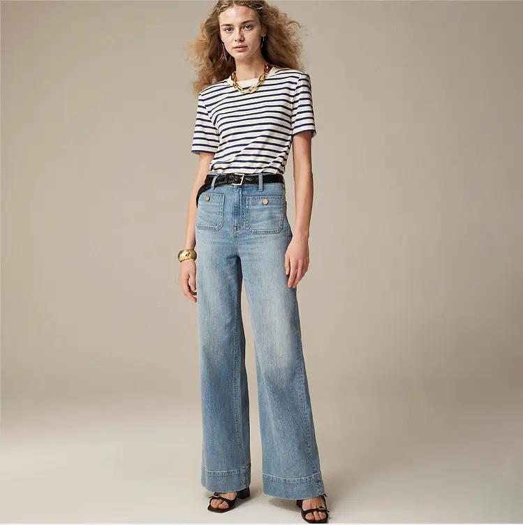 Loose Leisure Washed-out Button Slightly Flared Jeans light-wash denim, wide-leg on Tampa Home & Garden Store
