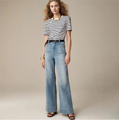 Loose Leisure Washed-out Button Slightly Flared Jeans light-wash denim, wide-leg on Tampa Home & Garden Store