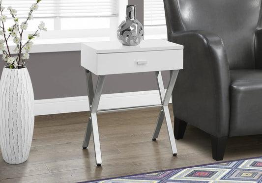 Accent Side X Table with storage drawer, white glossy finish, chrome legs on Tampa Home & Garden Store