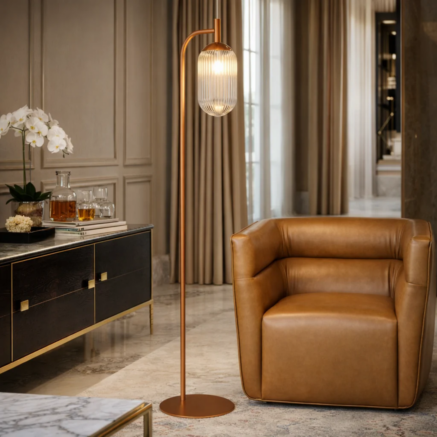Classic Modern Floor Lamp copper finish with ribbed glass shade by HouseOfZazla on Tampa Home & Garden Store