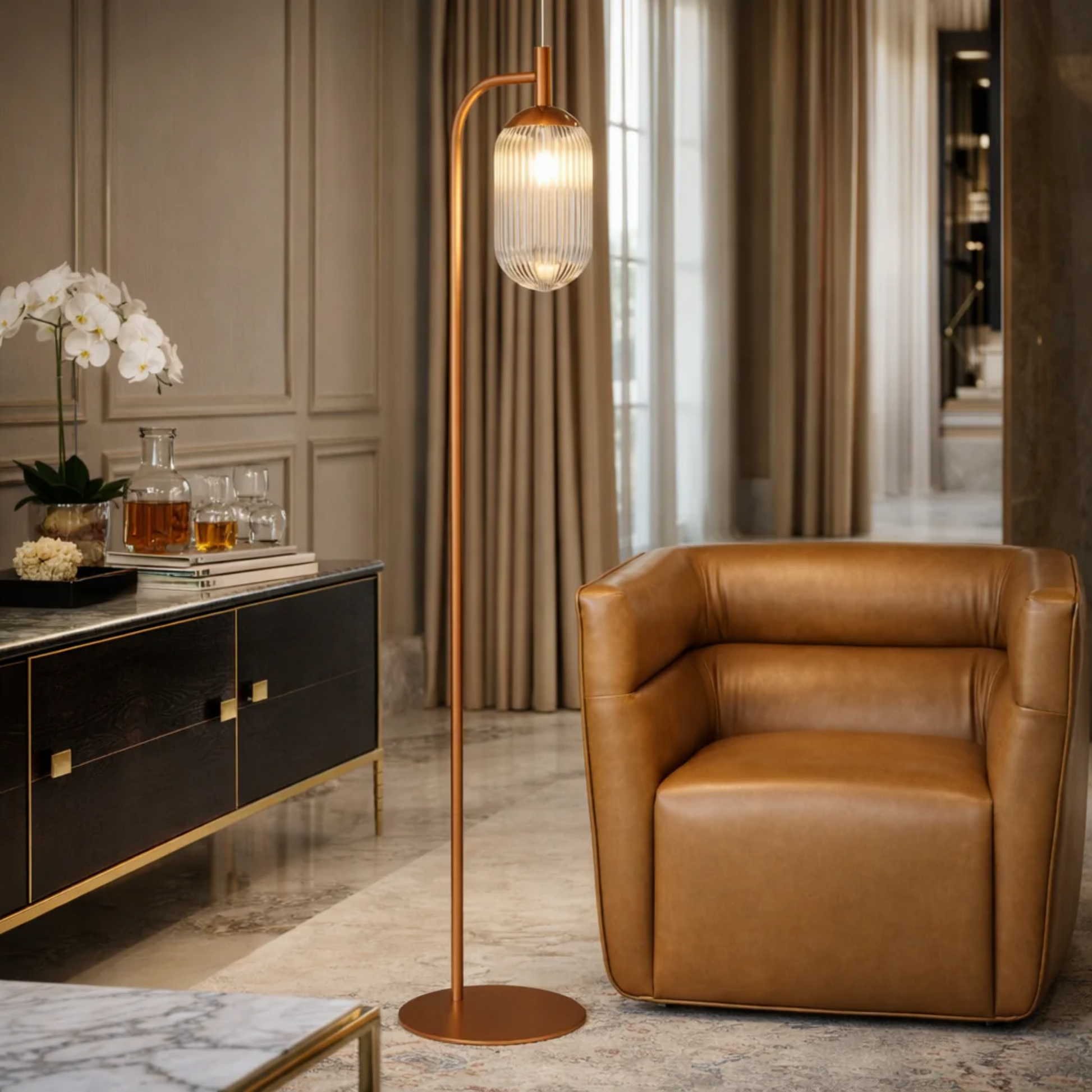 Classic Modern Floor Lamp copper finish with ribbed glass shade by HouseOfZazla on Tampa Home & Garden Store