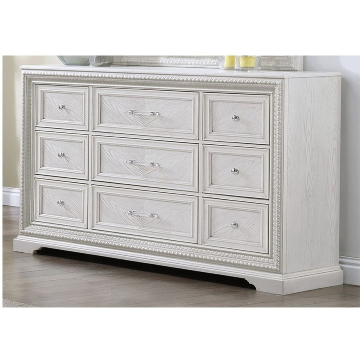6-drawer antique white storage dresser with framed square-panel fronts and silver knobs on Tampa Home & Garden Store