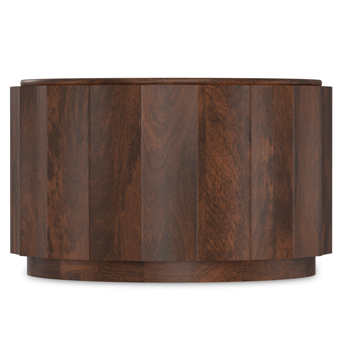 Walnut brown Trenton coffee table with drum design, curved edges and rich wood grain on Tampa Home & Garden Store