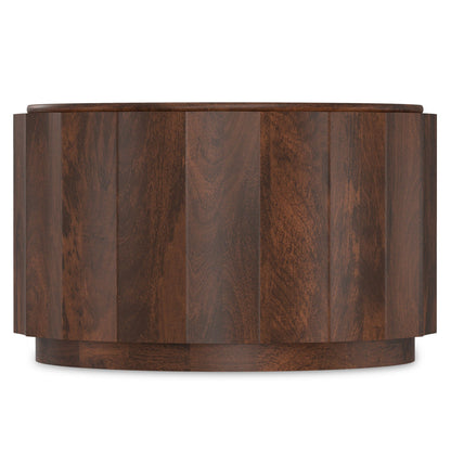 Walnut brown Trenton coffee table with drum design, curved edges and rich wood grain on Tampa Home & Garden Store