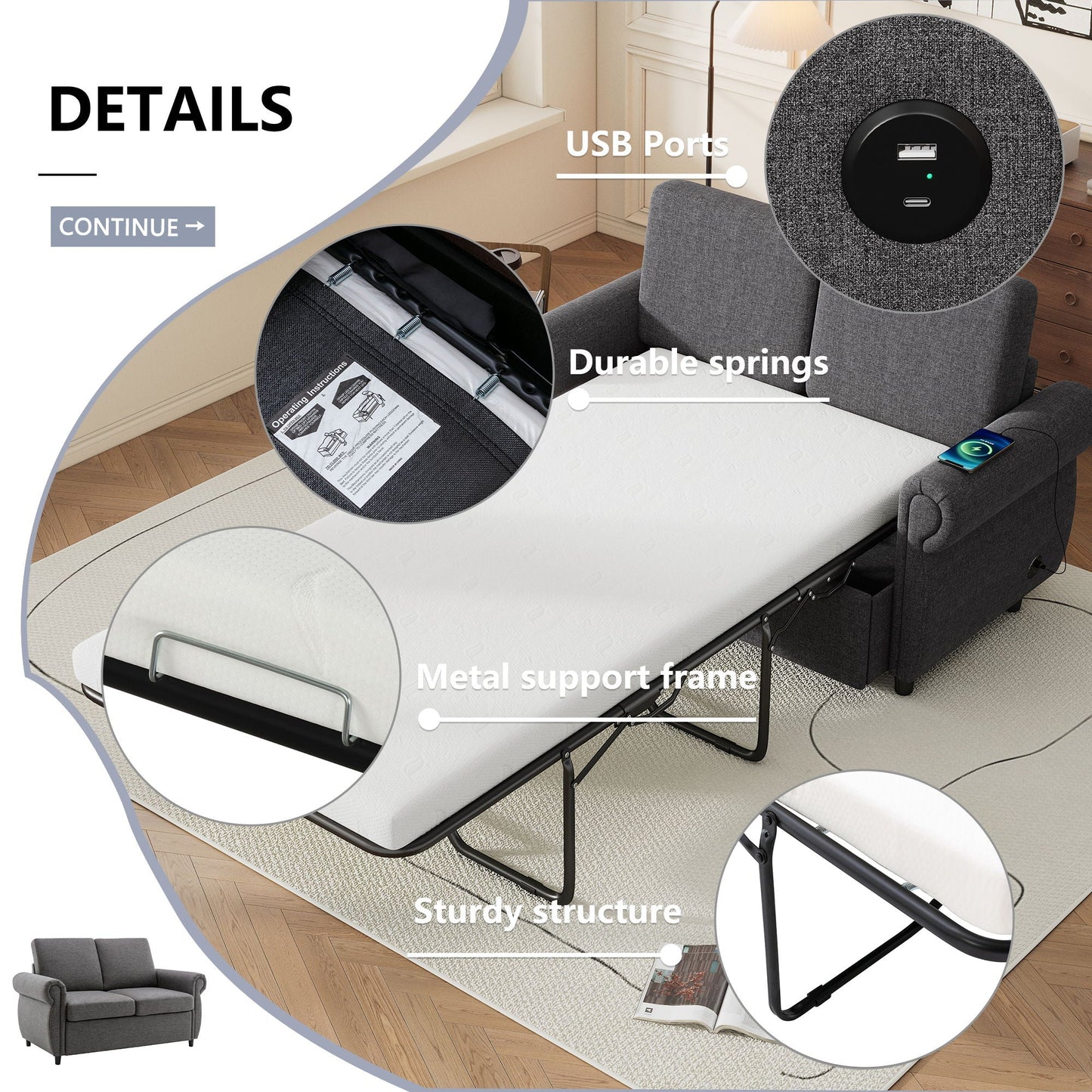 Pull Out Sofa Bed With Twin Memory Foam Mattress