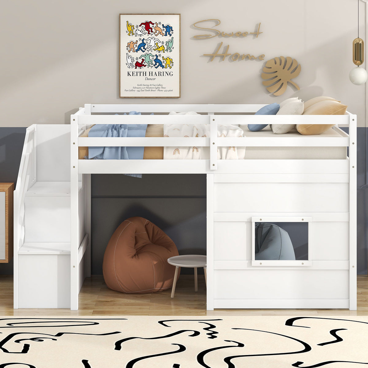 Loft Bed with Storage Staircase, Window & LED Light in white by HouseOfZazla with storage on Tampa Home & Garden Store