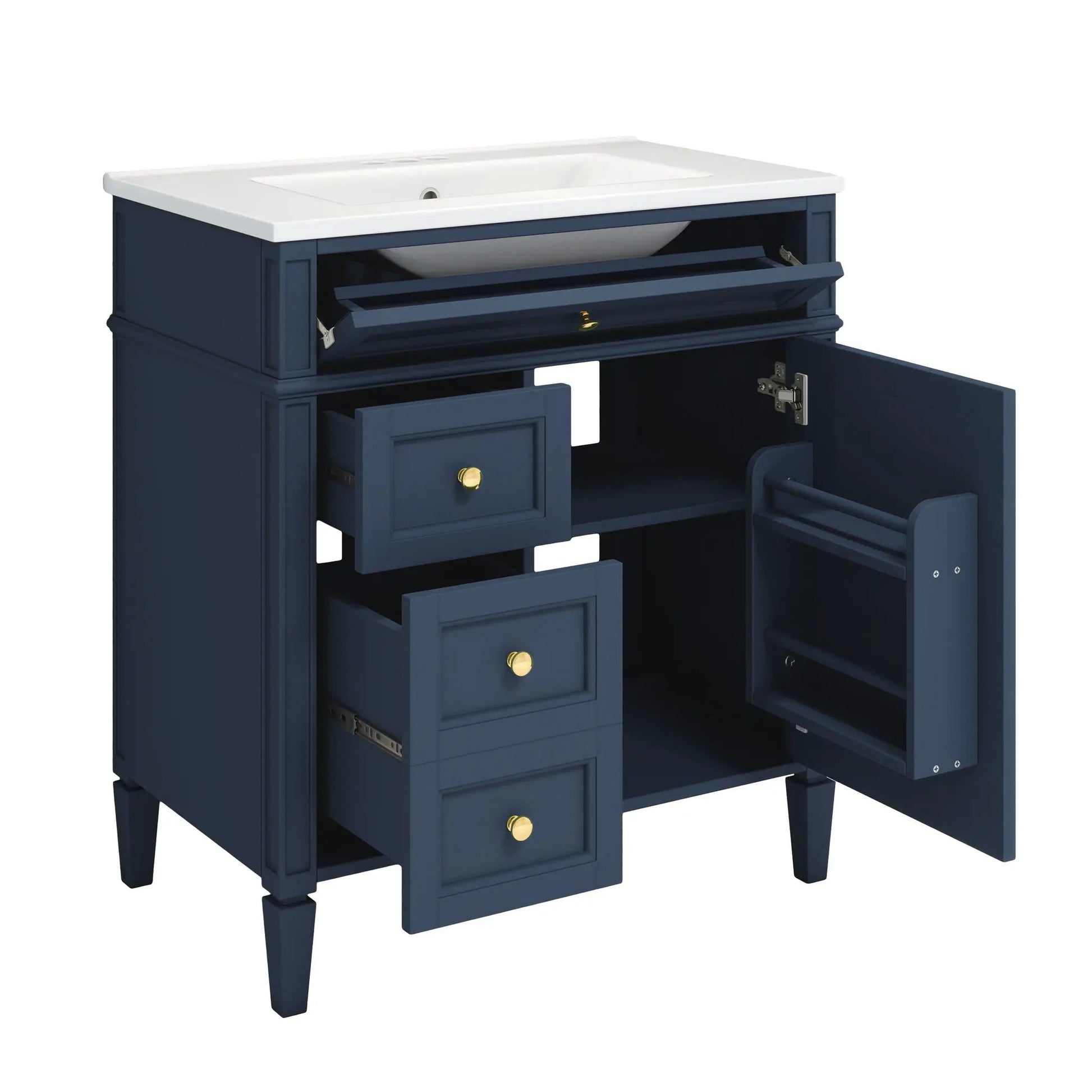Bathroom vanity with medicine cabinet navy, white top, gold knobs, 2 doors 4 drawers on Tampa Home & Garden Store