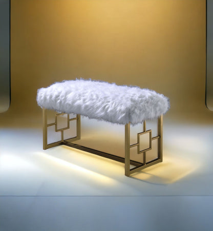 Bagley II bench white faux fur seat on gold metal frame 2-piece set HouseOfZazla on Tampa Home & Garden Store