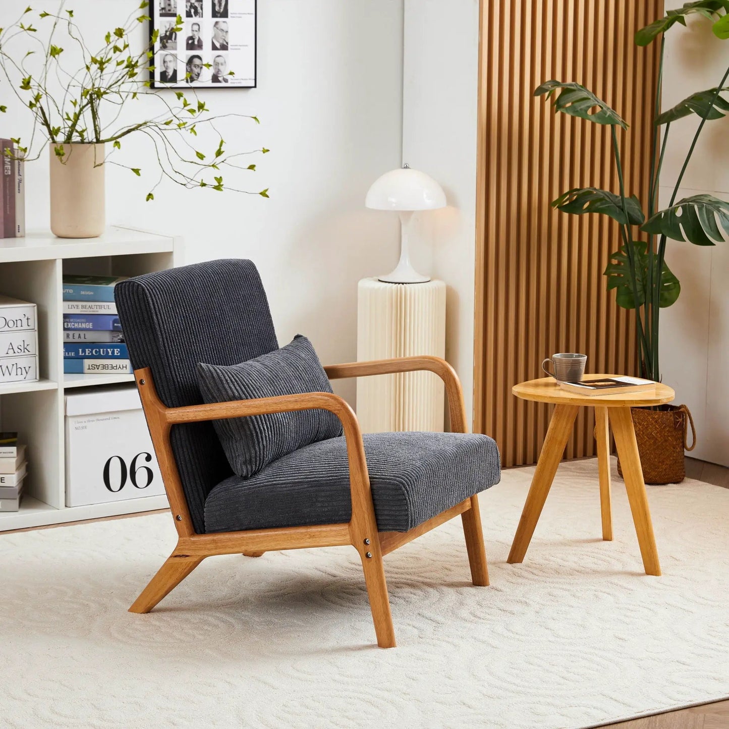 Accent Arm Chair With Pillow Upholstered, dark gray ribbed fabric, natural wood frame (2) on Tampa Home & Garden Store