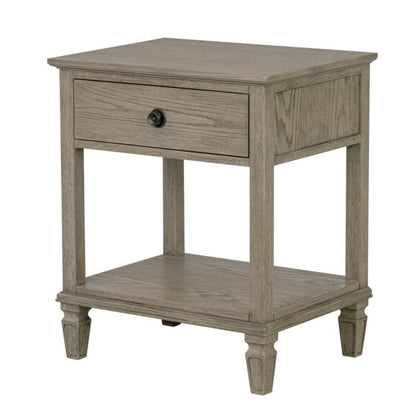 Bedside table with drawer and lower shelf in weathered gray solid wood, accent nightstand on Tampa Home & Garden Store