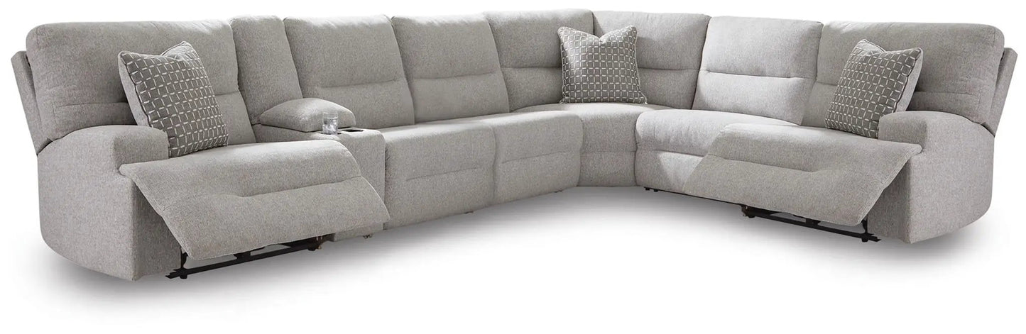 Acklen Place reclining sectional in light gray fabric with center console cupholder on Tampa Home & Garden Store