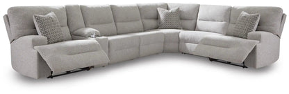 Acklen Place reclining sectional in light gray fabric with center console cupholder on Tampa Home & Garden Store