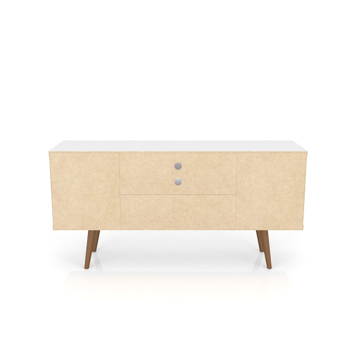 Smart Storage TV Stand with Solid Wood Legs, light wood finish with white top, tapered legs on Tampa Home & Garden Store