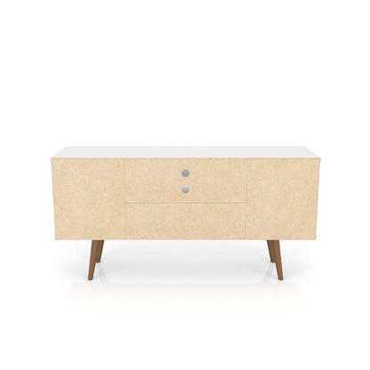 Smart Storage TV Stand with Solid Wood Legs, light wood finish with white top, tapered legs on Tampa Home & Garden Store