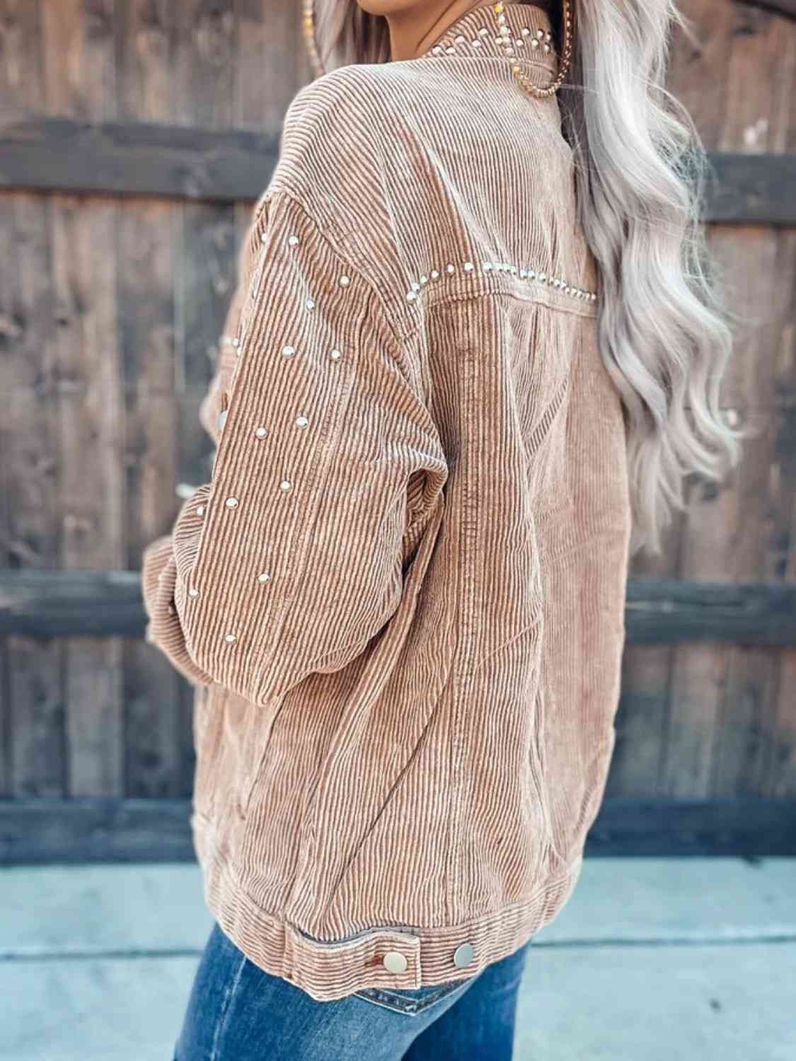 Womens collared neck corduroy jacket in tan with pearl-embellished sleeves Stevvex on Tampa Home & Garden Store