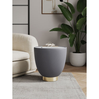 Round end table with ribbed blue-gray body and gold pedestal base on Tampa Home & Garden Store