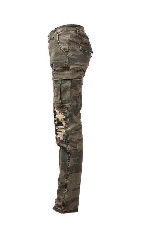 Camouflage cargo jeans washed olive-green camo with ripped knee distress FLIPSTYLEZLLC on Tampa Home & Garden Store