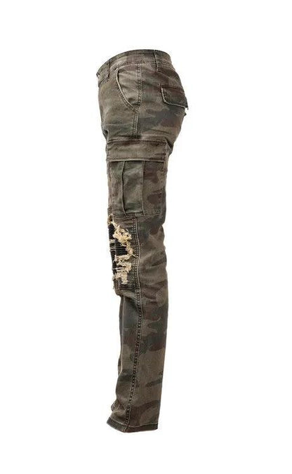 Camouflage cargo jeans washed olive-green camo with ripped knee distress FLIPSTYLEZLLC on Tampa Home & Garden Store