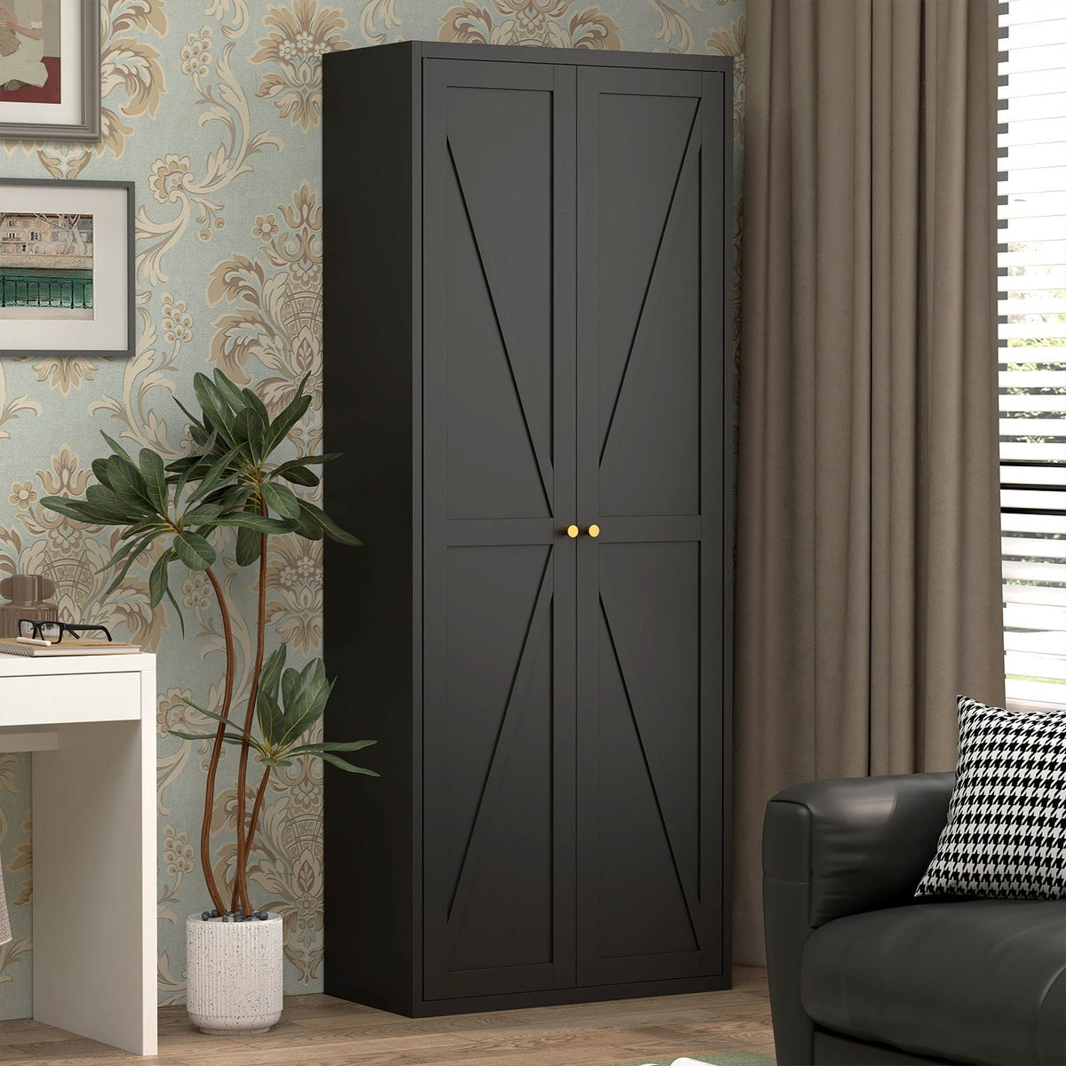 HouseOfZazla adjustable 2-door storage cabinet, charcoal gray with gold knobs and X-panel doors on Tampa Home & Garden Store