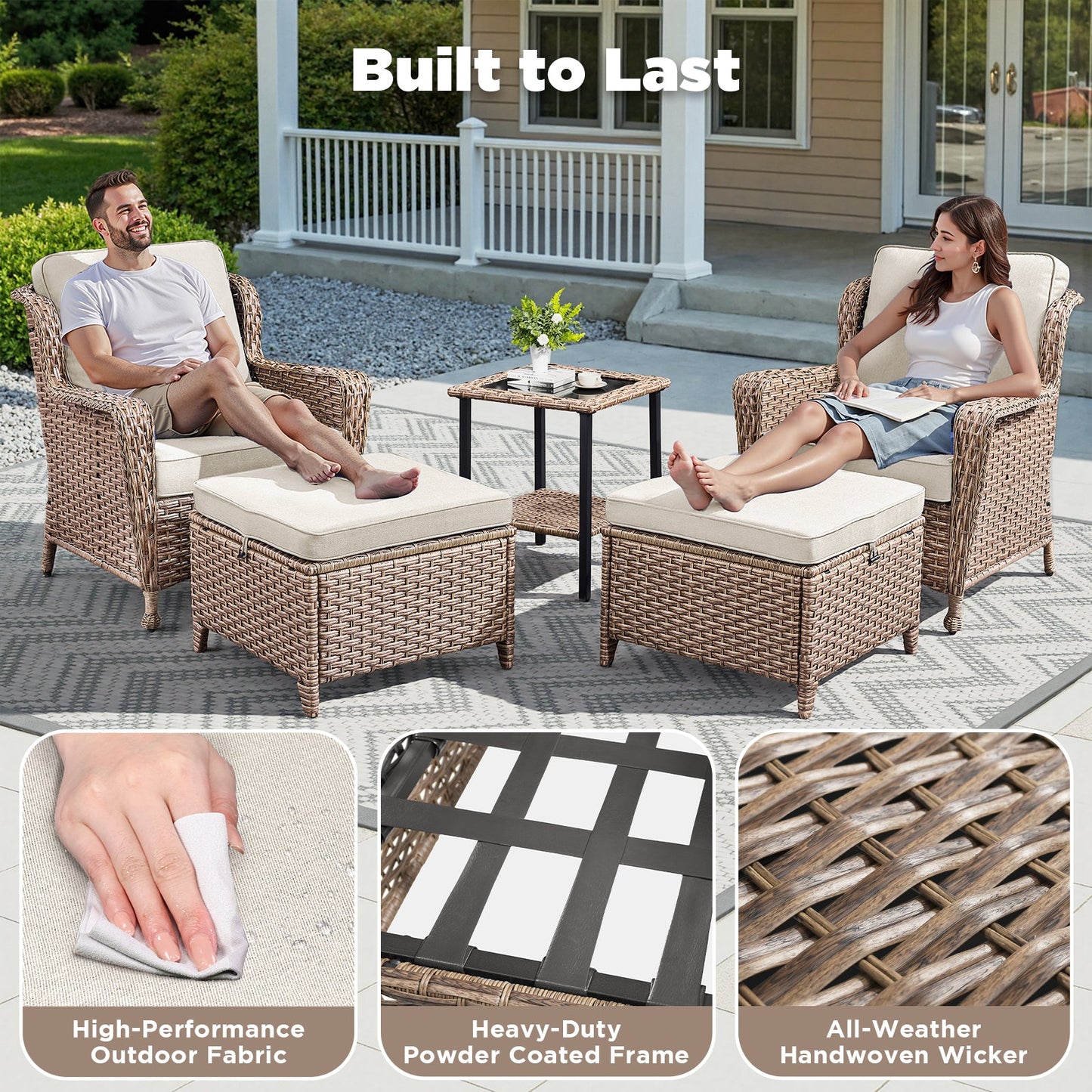 5-Piece Outdoor Lounge Set with Side Table and Ottomans, beige cushions, woven wicker on Tampa Home & Garden Store
