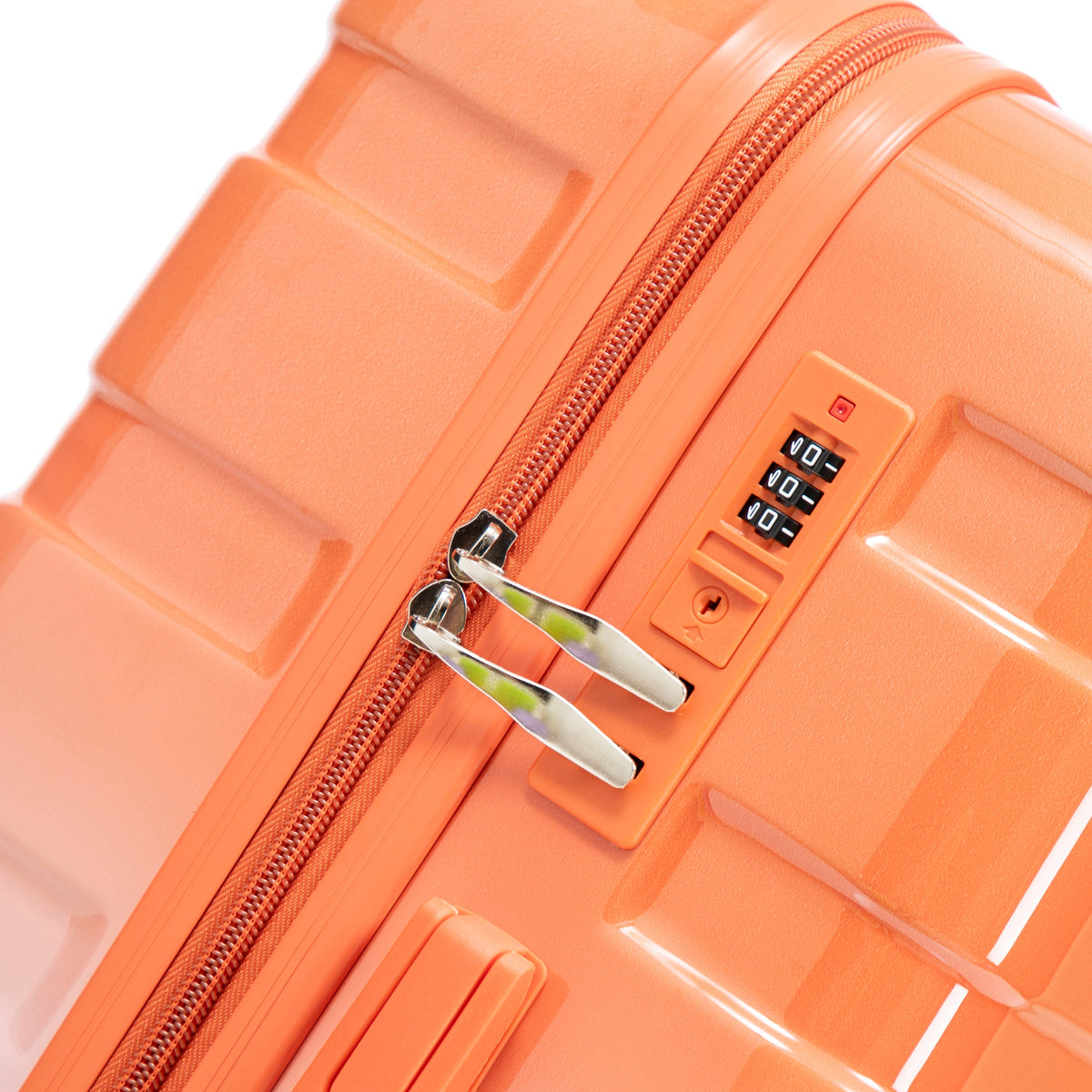 3-piece spinner luggage set orange close-up with zipper and combo lock on Tampa Home & Garden Store