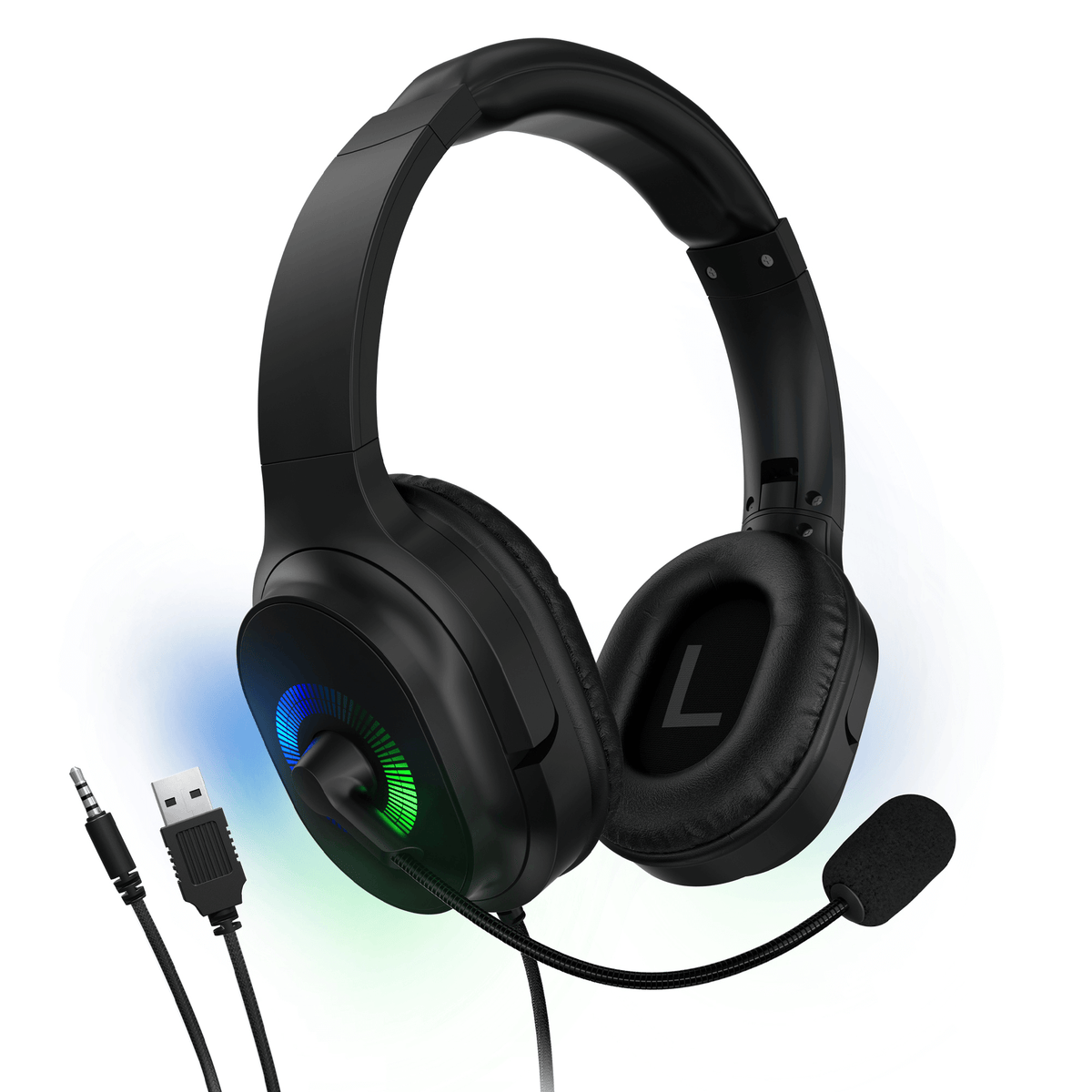 V150 Home/Office Stereo Headset, black over-ear wired with RGB LED ring, USB/3.5mm connectors on Tampa Home & Garden Store