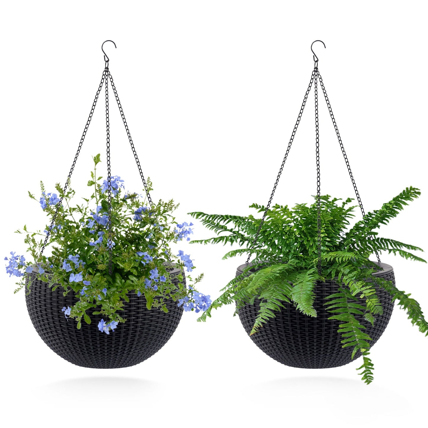 Self Watering Hanging Planter, twin black wicker planters with chain hangers and greenery on Tampa Home & Garden Store