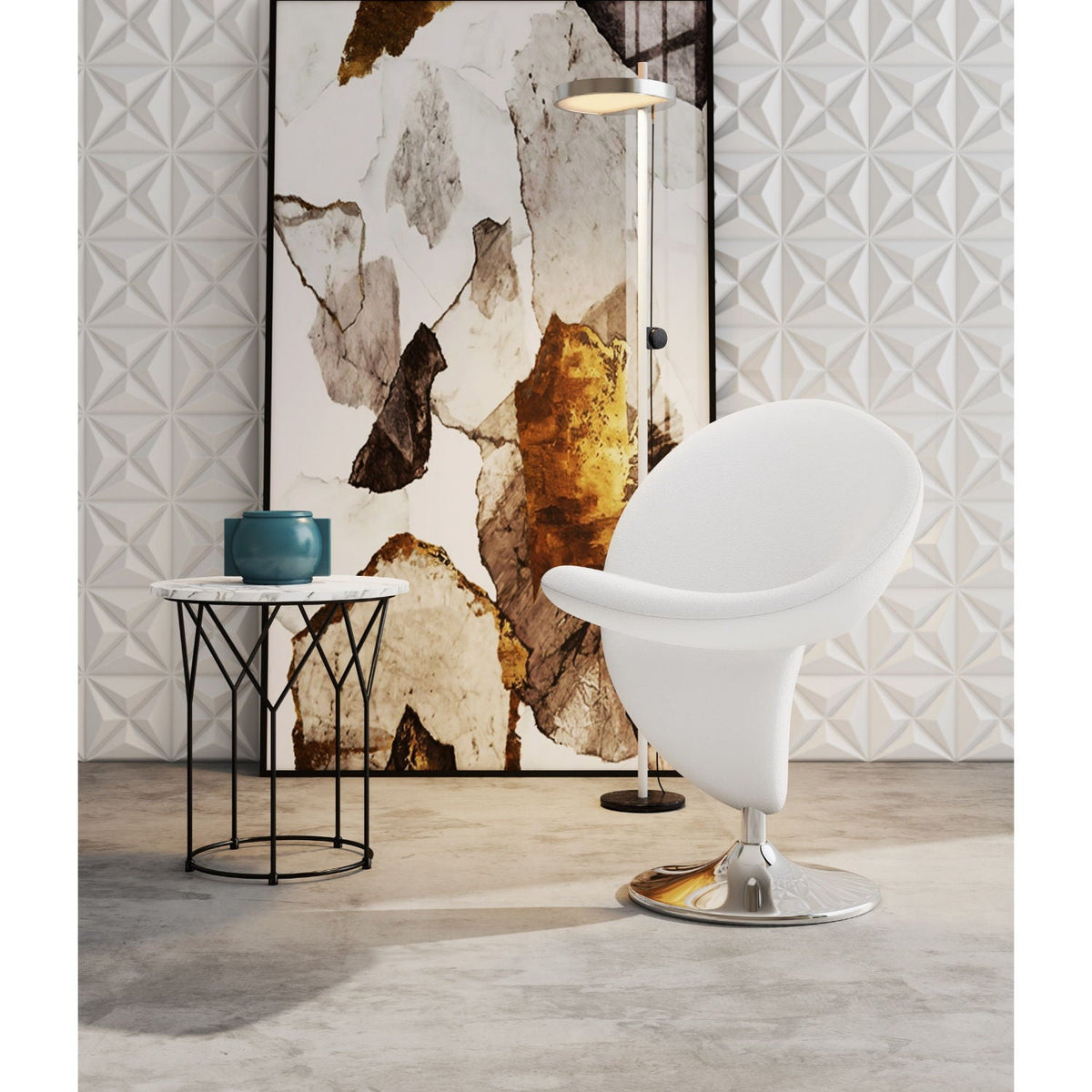 Swivel lounge chair with white wool-blend upholstery beside a round marble-top side table on Tampa Home & Garden Store