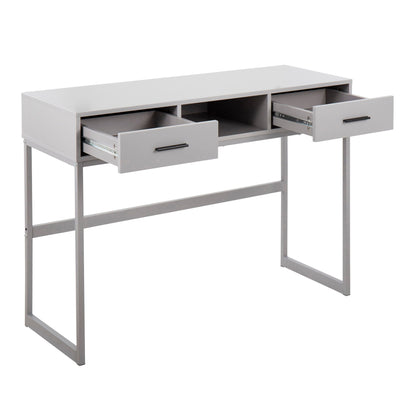 Contemporary console table with two storage drawers in light gray finish and open shelf on Tampa Home & Garden Store