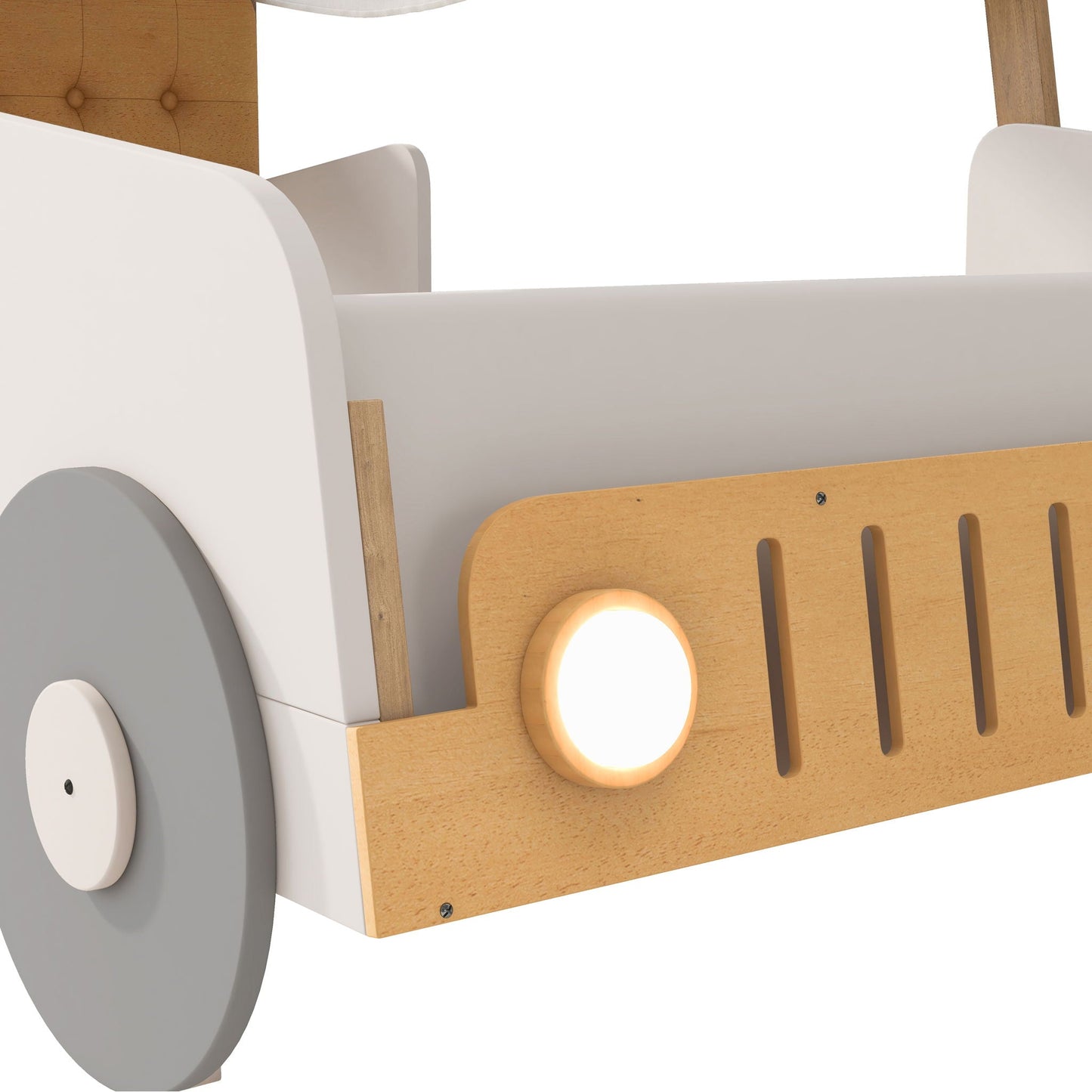 Twin Size Car Bed with natural wood panels, white frame and LED lights on Tampa Home & Garden Store