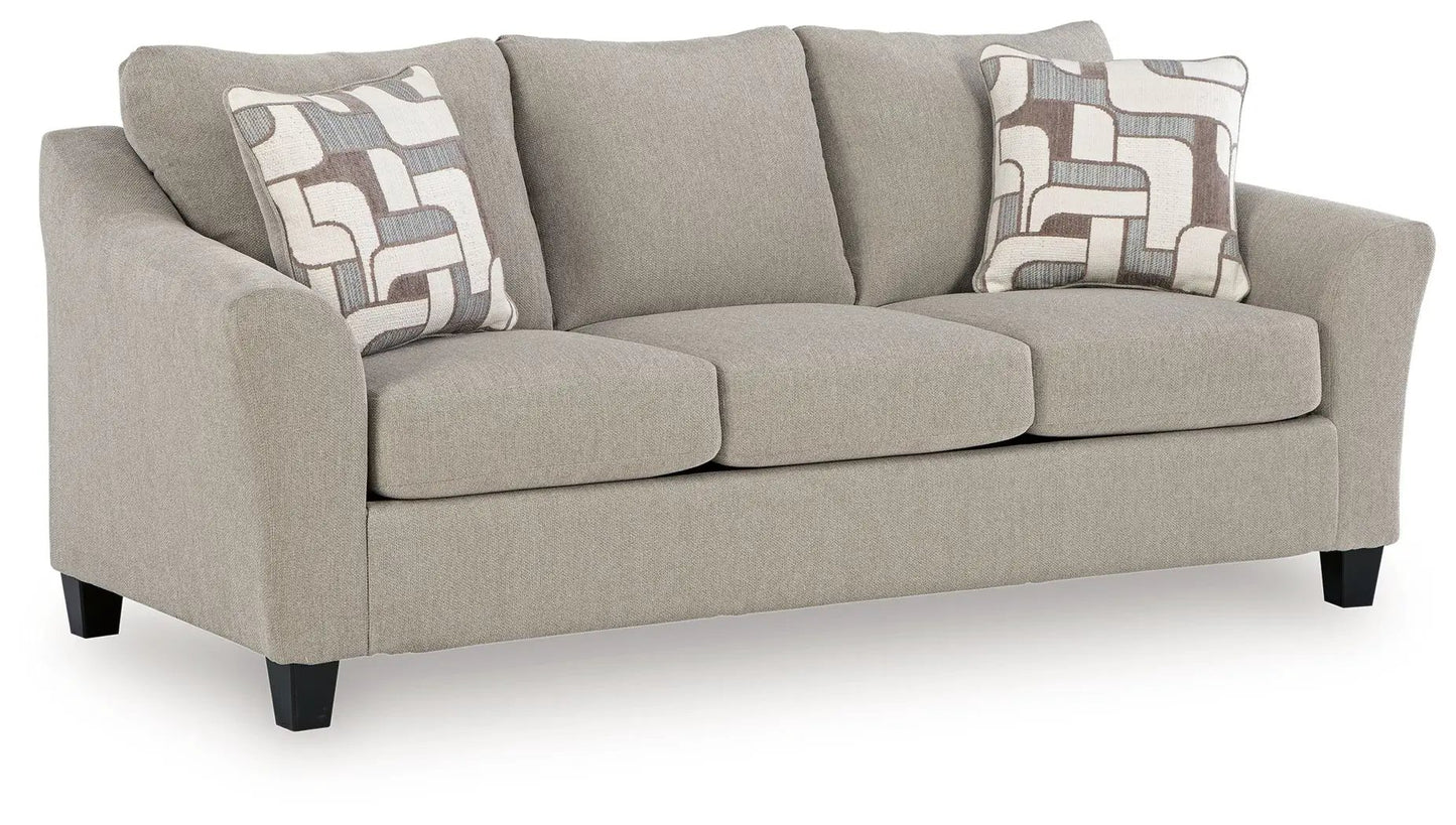 Willarae 2pc Sofa Loveseat Taupe in neutral fabric with patterned pillows on Tampa Home & Garden Store