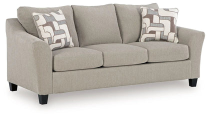Willarae 2pc Sofa Loveseat Taupe in neutral fabric with patterned pillows on Tampa Home & Garden Store