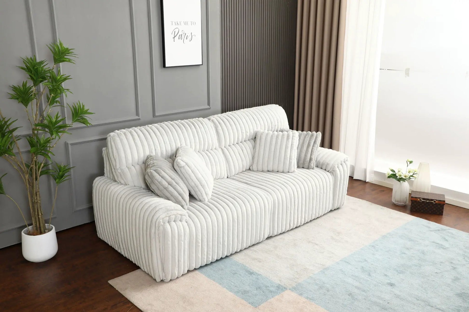 Jaya Power Motion Sofa Mondo Gray ribbed fabric with matching cushions on Tampa Home & Garden Store