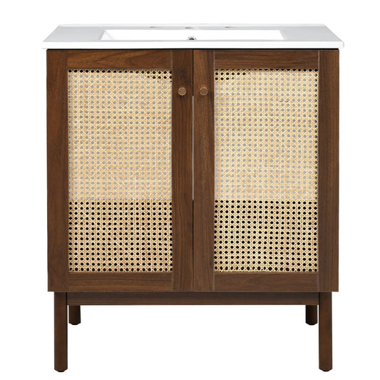 Bathroom vanity with two doors in dark wood and cane, brass knobs, soft-close design, countertop on Tampa Home & Garden Store