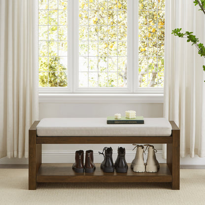 40-inch Accent Bench with Lower Shelf Shoe Rack; beige cushion, boots on shelf on Tampa Home & Garden Store
