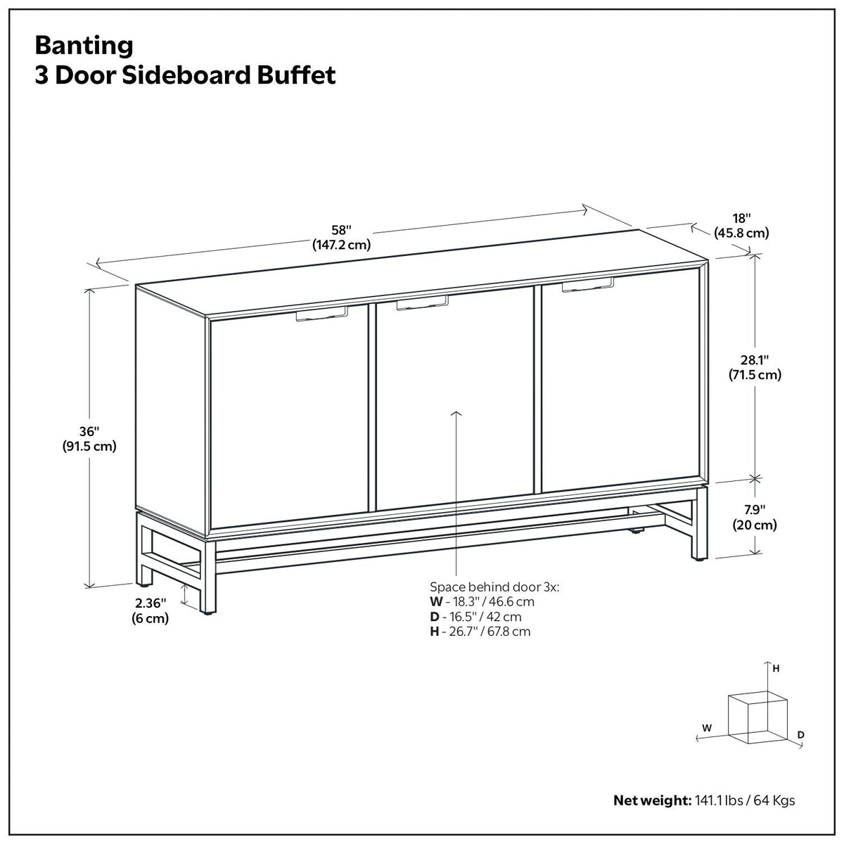 Banting 3-Door Sideboard Buffet in solid rubberwood with metal frame, multi-color, 58W x 18D x 36H on Tampa Home & Garden Store
