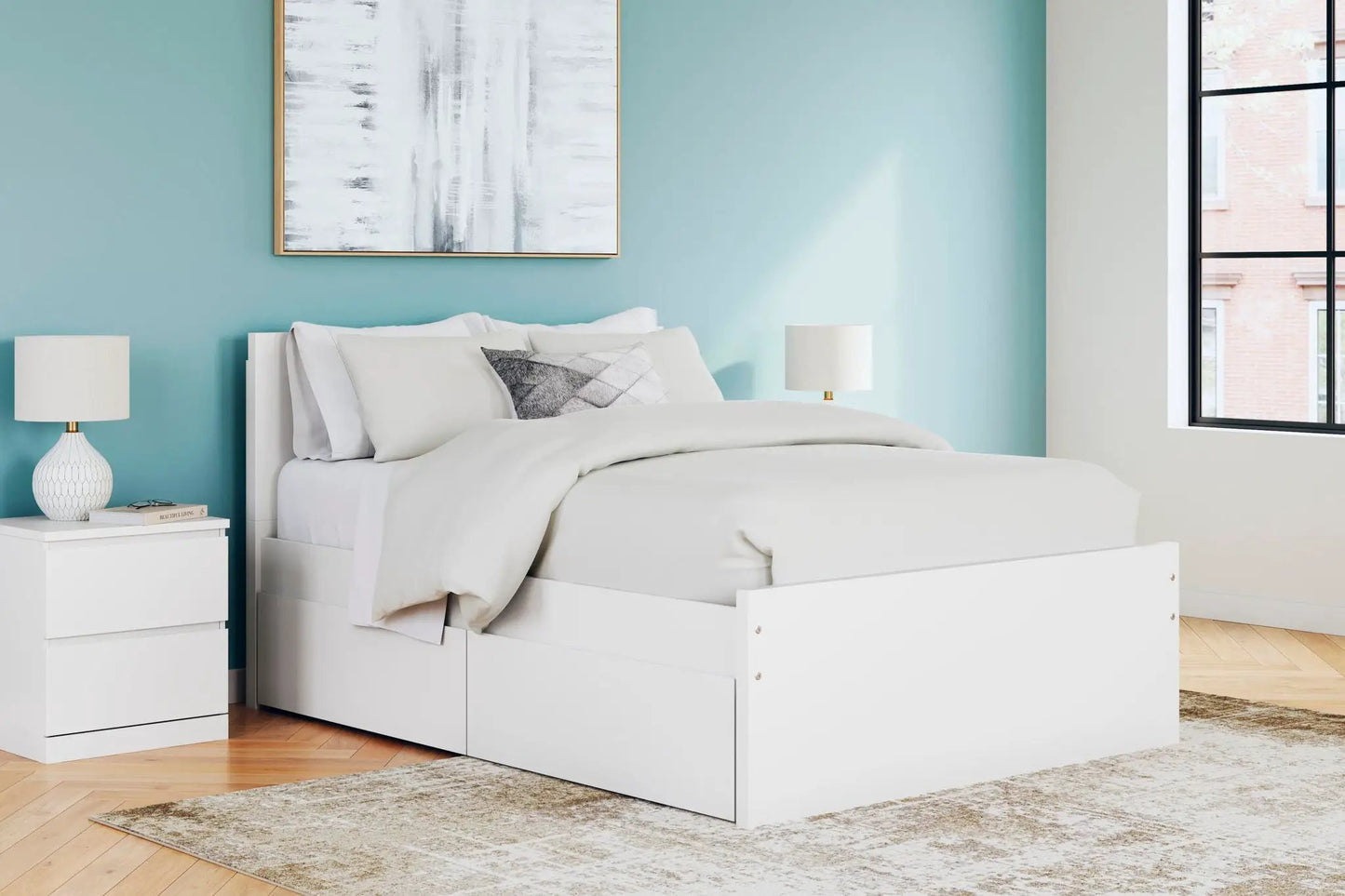 Onita Panel Platform Bed with white finish and under-bed storage; paired with two nightstands on Tampa Home & Garden Store